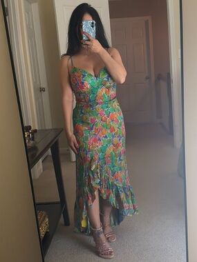 Green floral print slip wedding guest dress cocktail party summer asymmetrical